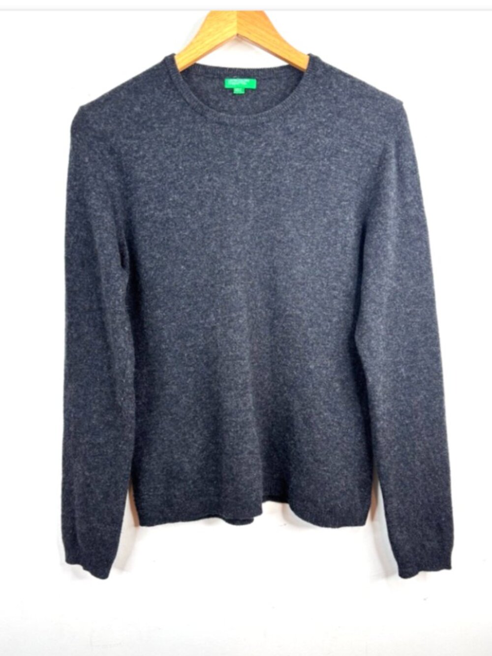Benetton Womens Crew Neck 100% Wool Sweater L Charcoal Grey Jumper Minimalist